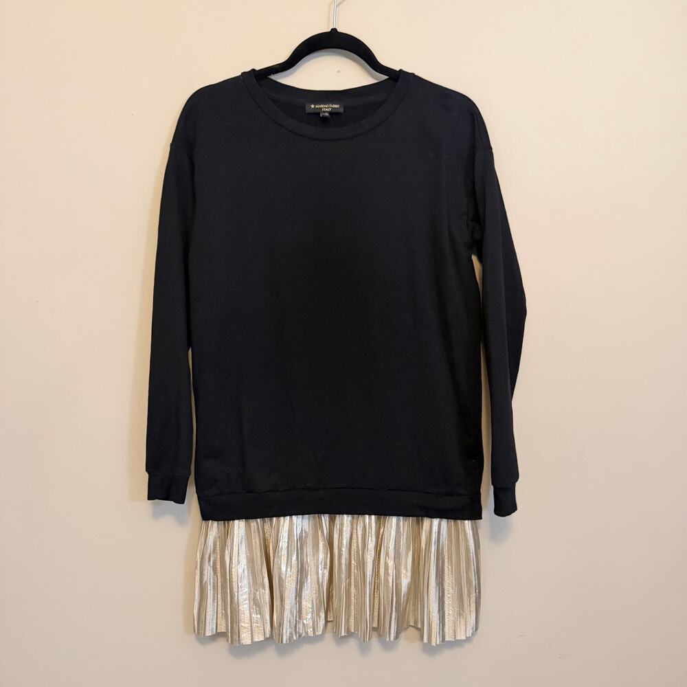 Massimo Fabbro Italy Sweatshirt Dress XS Black Metallic Gold Pleated Hem Chic
